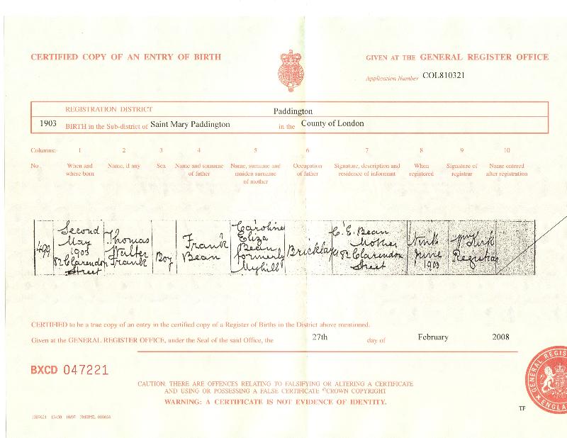 Bean (Thomas Walter Frank) 1903 Birth Certificate